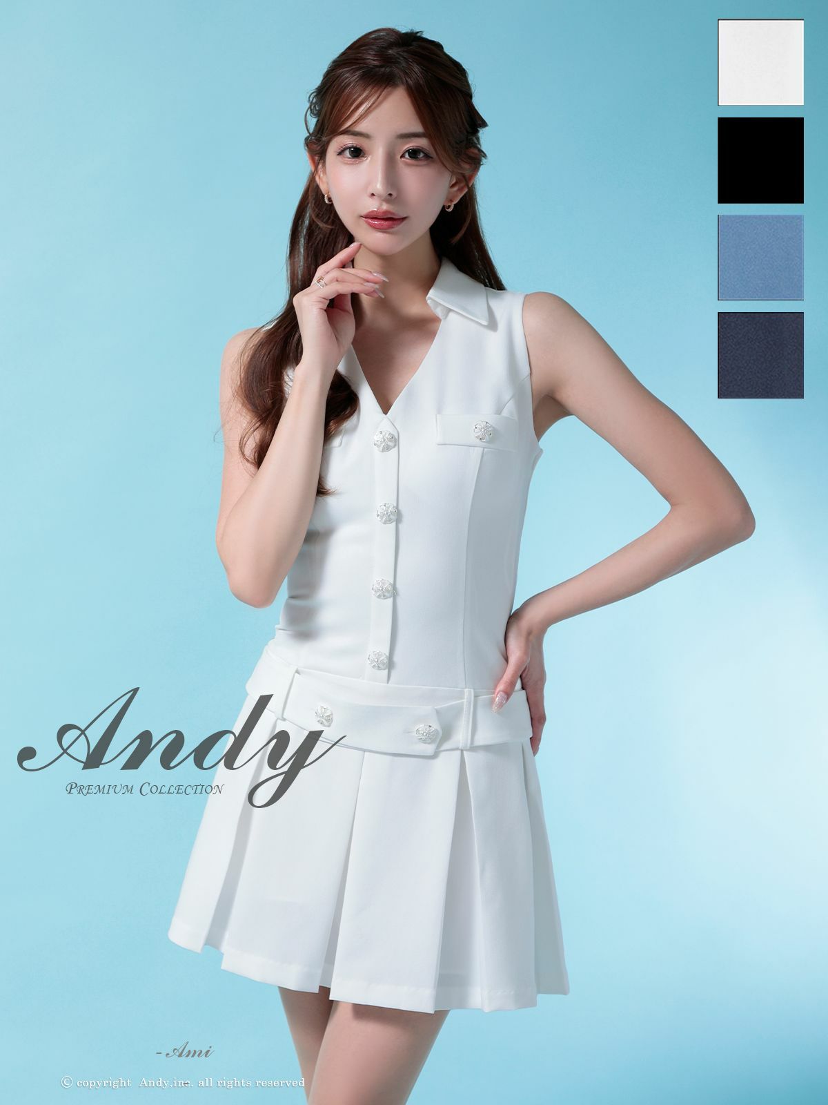 キャバドレス Andy アンディ　高級 ブランド ワンピース フレアミニドレス シンプル ノースリーブ ウエストベルト 襟付き プリーツスカート ビジューボタン