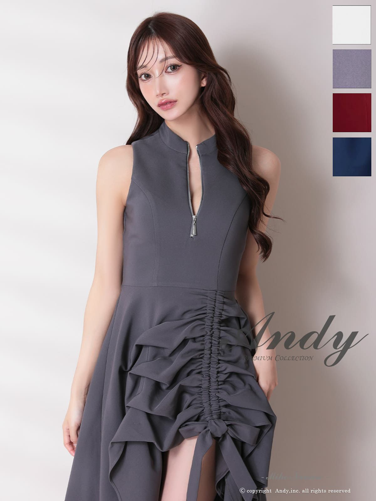 キャバドレス Andy アンディ 高級 Aライン　膝丈ドレス ロングテール 谷間 ノースリーブ 上品