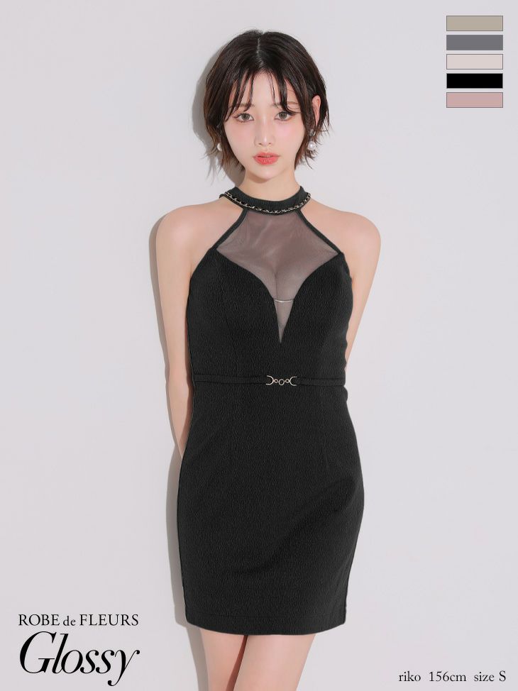 キャバドレス ミニドレス ROBEdeFLEURSGlossy ローブドフルールグロッシー　高級 ブランド タイトミニドレス 大人 ホルターネック ウエストベルト シアーチュールバスト ネックチェーン