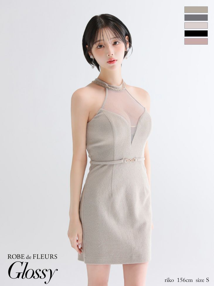 [ROBEdeFLEURSGlossy/ローブドフルールグロッシー] 高級 ブランド タイトミニドレス 大人 ホルターネック ウエストベルト シアーチュールバスト ネックチェーン