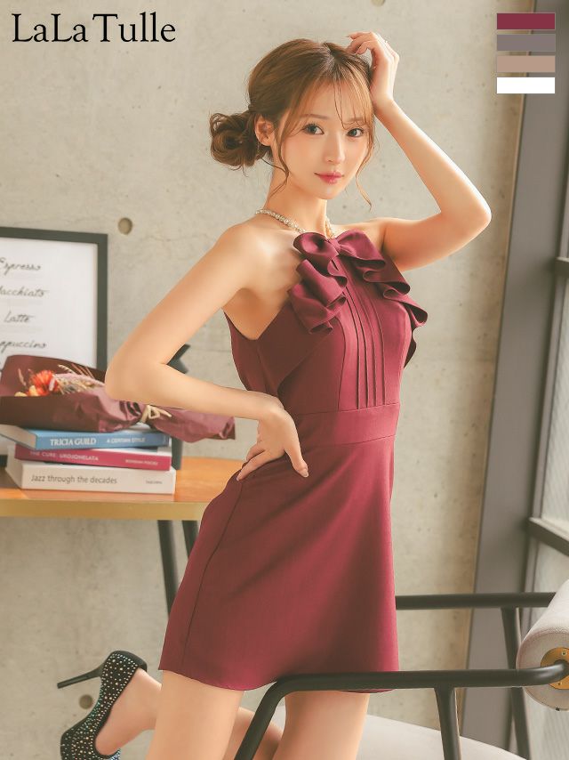 予約商品【11月下旬入荷予定】[Angel-R/エンジェルアール] 高級 ブランド Aラインミニドレス キャミソール フリルリボン パールショルダー ワンカラー (れむ着用)