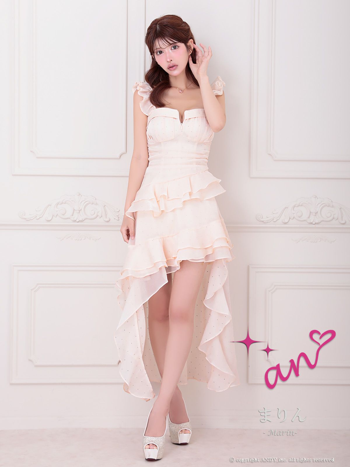 キャバドレス an アン 高級 Aライン ロングテール 谷間 シンプル ドット柄 キャミソール ジップ ビジュー フリル 大人