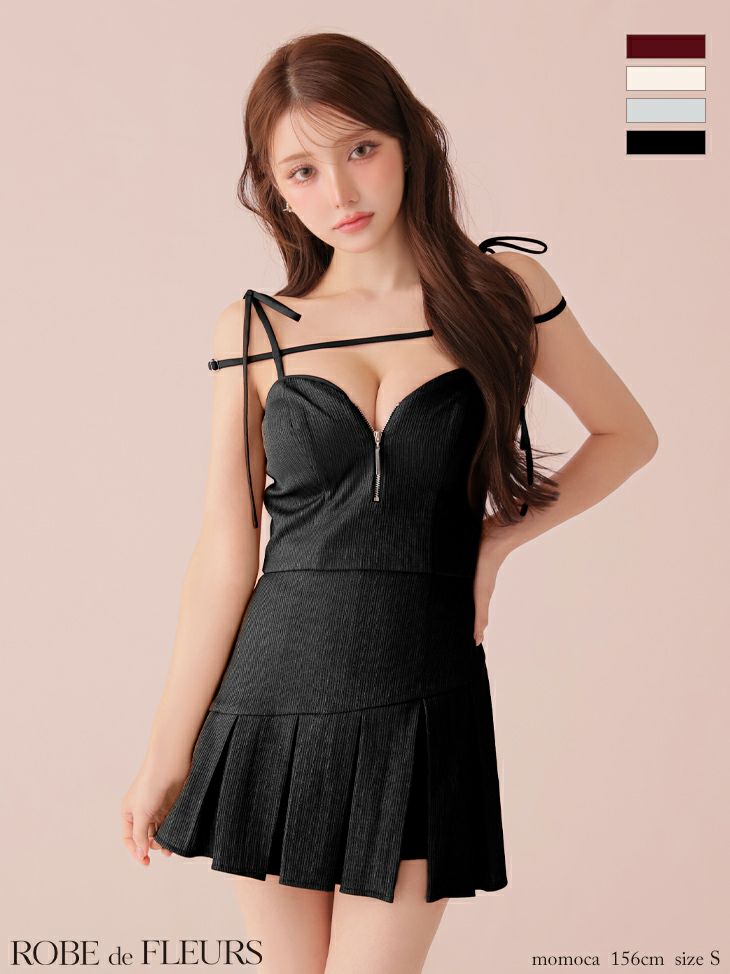 キャバドレス ミニドレス ROBEdeFLEURS ローブドフルール　高級 ブランド Aラインミニドレス 谷間 セットアップ キャミソール ジップ ショルダーリボン コード プリーツ