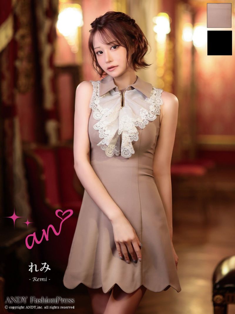 キャバドレス an アン　ワンピース 高級 ブランド ワンピース Aライン ミニドレス レース ノースリーブ 襟付き ジップ ブラジャーのまま バストカット