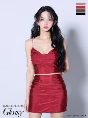 予約商品【10月上旬入荷予定】[ROBEdeFLEURSGlossy/ローブドフルールグロッシー] 高級 ブランド タイトミニドレス 谷間 セットアップ キャミソール サテン デコルテチェーン ギャザー