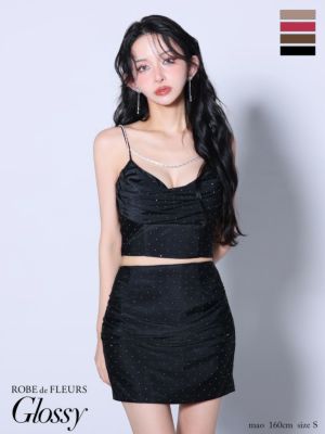 予約商品【10月上旬入荷予定】[ROBEdeFLEURSGlossy/ローブドフルールグロッシー] 高級 ブランド タイトミニドレス 谷間 セットアップ キャミソール サテン デコルテチェーン ギャザー