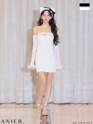 予約商品【10月上旬入荷予定】[anier.ROBE/アニエルローブ] 高級 ブランド タイトミニドレス 猫 コスプレ 谷間 長袖 2way ベアデザイン ラメ ファー ［ドレス/カチューシャ/チョーカー/アームウォーマー]