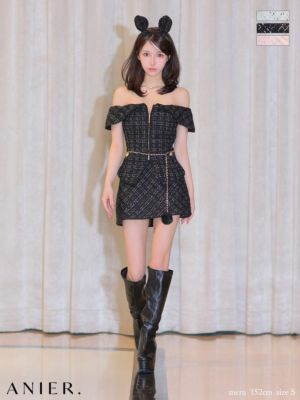 予約商品【10月上旬入荷予定】[anier.ROBE/アニエルローブ] 高級 ブランド タイトミニドレス バニー コスプレ オフショル ツイード ジップ ［ドレス/カチューシャ/チェーンベルト]