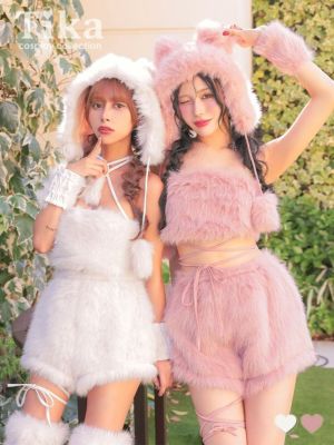[ハロウィン] コスプレ テディベア へそ出し ふわもこ ガーリー ツイン アニマル 2Way 袖あり 6点セット (レーストップス/ビスチェトップス/パンツ/帽子/リストバンド/レッグカバー)