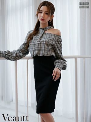 予約商品【10月下旬入荷予定】[Veautt/ヴュート] 高級 ブランド タイト膝丈ドレス 長袖 チェック柄 アシンメトリーカット チョーカー風