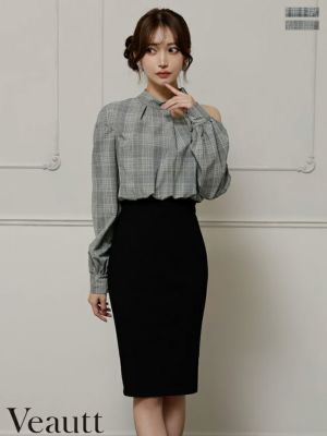 予約商品【10月下旬入荷予定】[Veautt/ヴュート] 高級 ブランド タイト膝丈ドレス 長袖 チェック柄 アシンメトリーカット チョーカー風