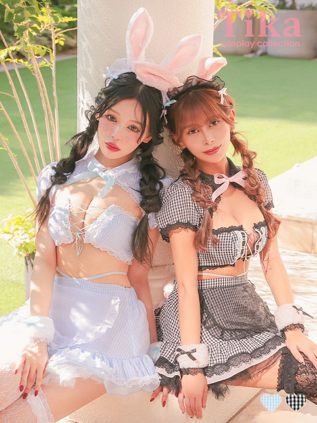 [ハロウィン] バニー コスプレ メイド風 制服 ギンガムチェック セクシー ツイン へそ出し フレアスカート バニーガール 6点セット (ジャケット/ブラトップ/スカート/カチューシャ/カフス/透明ストラップ)