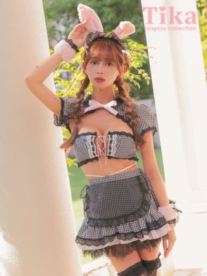 [ハロウィン] バニー コスプレ メイド風 制服 ギンガムチェック レースアップリボン セクシー へそ出し フリル フレアスカート バニーガール 6点セット (ジャケット/ブラトップ/スカート/カチューシャ/カフス/透明ス