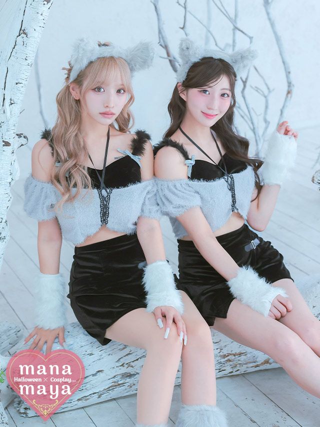 [ハロウィン] コスプレ ウルフ ふわもこ へそ出し ベロア ガーリー ツイン アニマル 6点セット (トップス/スカート/カチューシャ/アームカバー/レッグウォーマー/しっぽ)