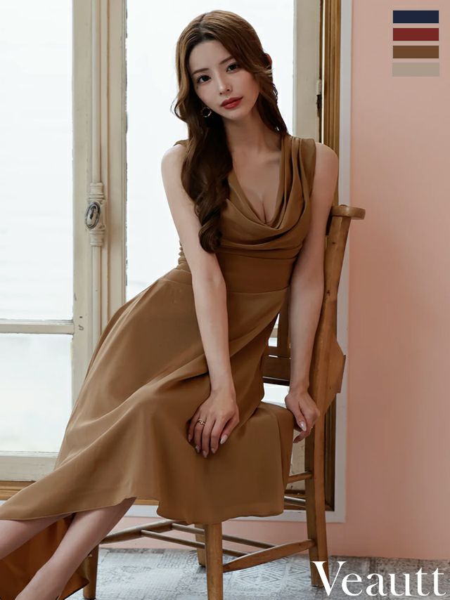 キャバドレス ロングドレス Veautt/ヴュート 高級 Aライン ロングドレス 谷間 シンプル 大人 ノースリーブ 上品 バストドレープ アシンメトリー