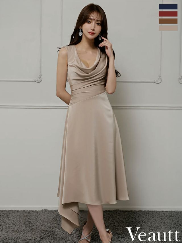 キャバドレス ロングドレス Veautt/ヴュート 高級 Aライン ロングドレス 谷間 シンプル 大人 ノースリーブ 上品 バストドレープ アシンメトリー