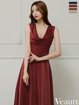 予約商品【10月下旬入荷予定】[Veautt/ヴュート] 高級 Aライン ロングドレス 谷間 シンプル 大人 ノースリーブ 上品 バストドレープ アシンメトリー
