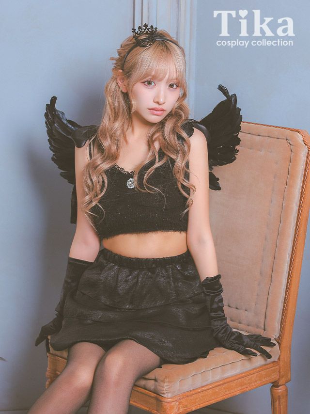 [ハロウィン] コスプレ デビル  ショルダーリボン セクシー へそ出し 堕天使 フレアスカート 5点セット (トップス/スカート/カチューシャ/羽/グローブ)
