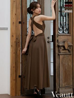 予約商品【10月下旬入荷予定】[Veautt/ヴュート] 高級 Aライン ロングドレス 谷間 シンプル 大人 ノースリーブ 上品 背中魅せ バック ウエストリボン Vカット