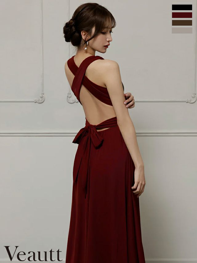 キャバドレス ロングドレス Veautt/ヴュート 高級 Aライン ロングドレス 谷間 シンプル 大人 ノースリーブ 上品 背中魅せ バック ウエストリボン Vカット
