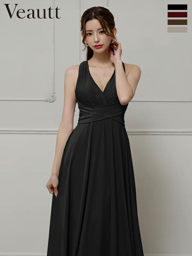 キャバドレス ロングドレス Veautt/ヴュート 高級 Aライン ロングドレス 谷間 シンプル 大人 ノースリーブ 上品 背中魅せ バック ウエストリボン Vカット