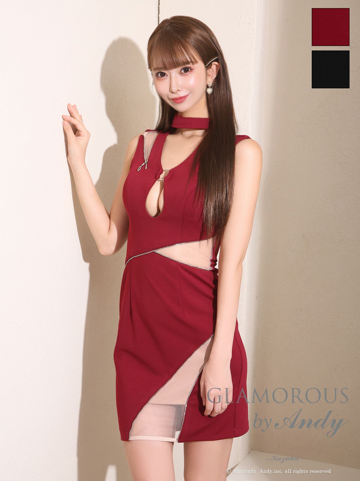 キャバドレス AndyGLAMOROUS アンディグラマラス 高級 ブランド タイト ミニドレス 谷間 大人 ノースリーブ くびれ透け ジップ バストカット メッシュ
