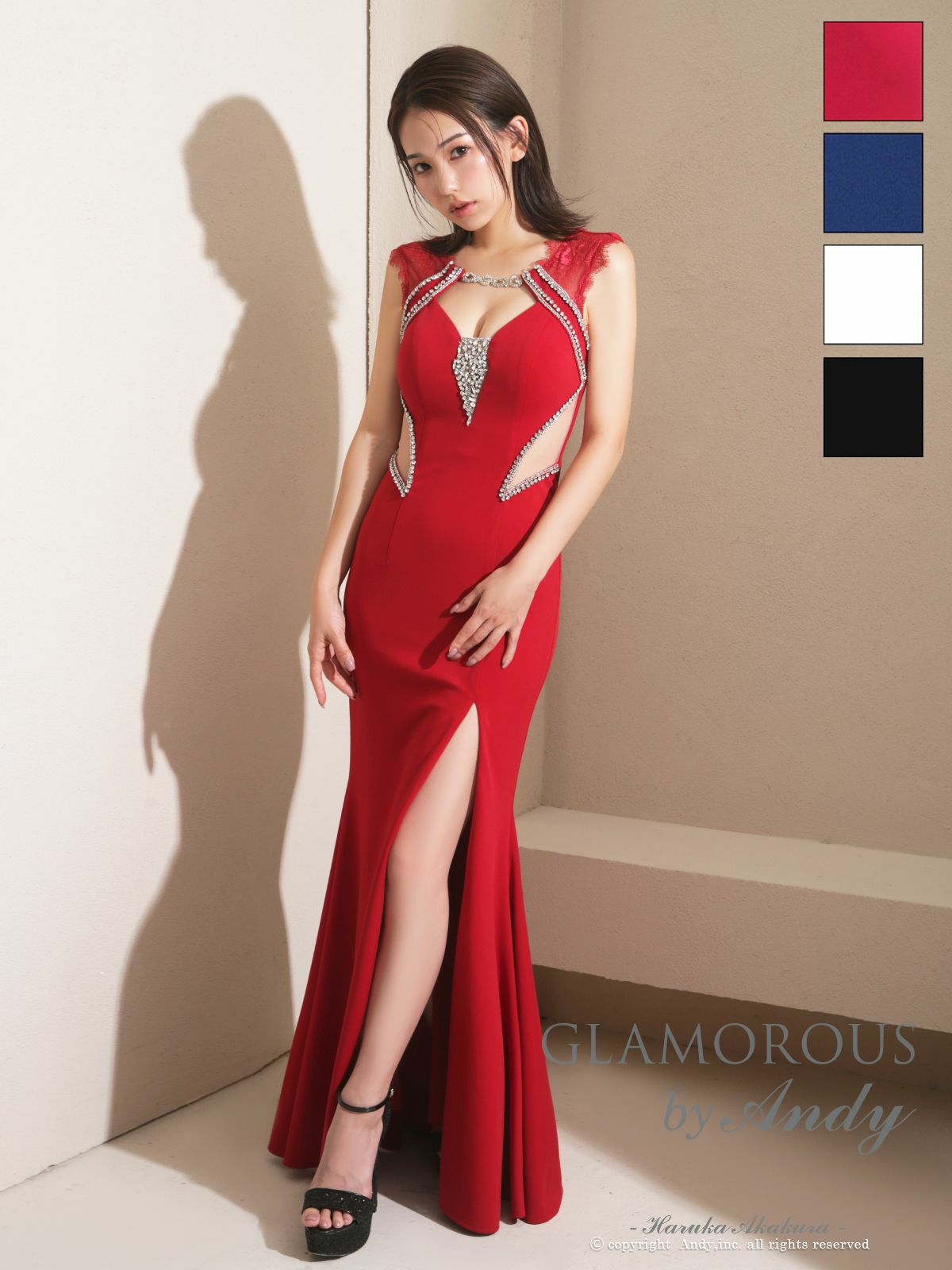 キャバドレス AndyGLAMOROUS アンディグラマラス 高級 ブランド タイトロングドレス 谷間 レース 大人 スリット くびれ透け ビジュー バストカット