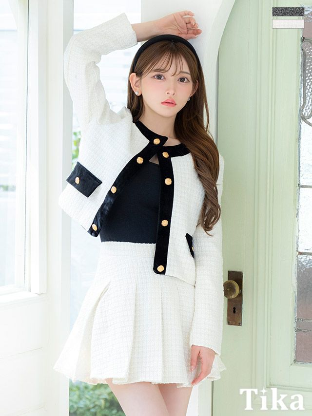 スーツ Aライン セットアップ ミニスカート ノーカラー ジャケット パイピング ゴールドボタン プリーツ ツイード (黒崎みさ着用)