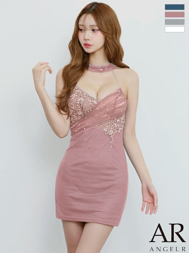 キャバドレス ミニドレス Angel-R エンジェルアール 高級 ブランド タイトミニドレス 谷間 レース 大人 ホルターネック バストメッシュ ビジュー シアー セクシー