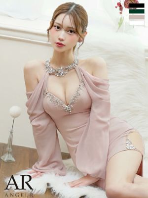 [Angel-R/エンジェルアール] 高級 ブランド タイトミニドレス 長袖 谷間 大人 ホルターネック くびれ透け ビジュー セクシー シフォン