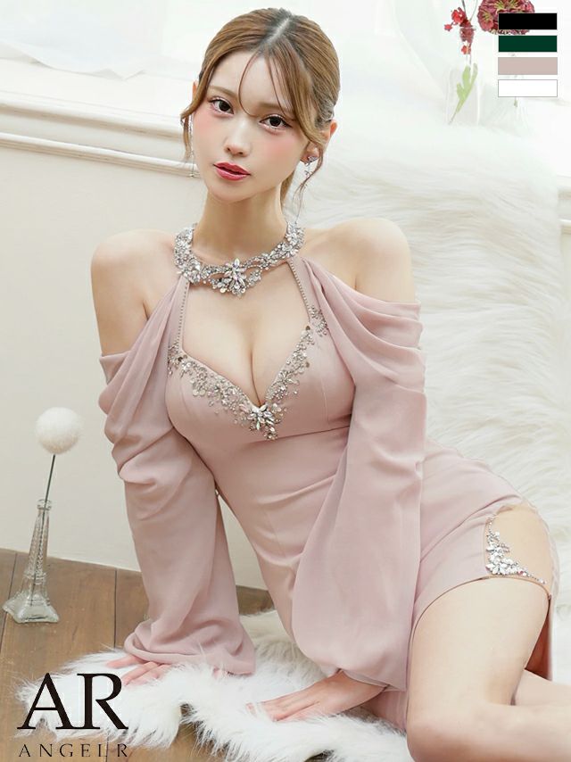 キャバドレス ミニドレス Angel-R エンジェルアール 高級 ブランド タイトミニドレス 長袖 谷間 大人 ホルターネック くびれ透け ビジュー セクシー シフォン