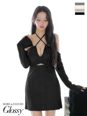 予約商品【11月上旬入荷予定】[ROBEdeFLEURSGlossy/ローブドフルールグロッシー] 高級 ブランド タイトミニドレス 長袖 谷間 オフショルダー ホルターネック ウエストカット バストカット ラメ リブニット
