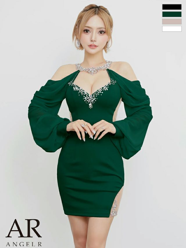 キャバドレス ミニドレス Angel-R エンジェルアール 高級 ブランド タイトミニドレス 長袖 谷間 大人 ホルターネック くびれ透け ビジュー セクシー シフォン