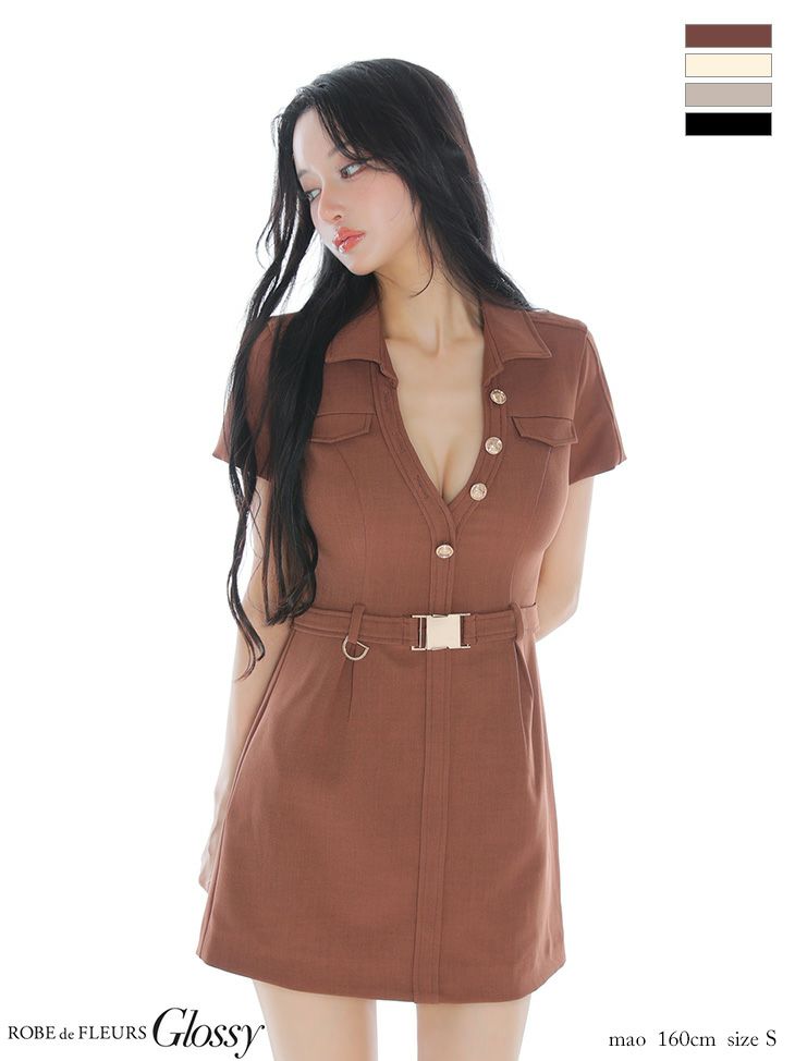 キャバドレス ミニドレス ROBEdeFLEURSGlossy ローブドフルールグロッシー　高級 ブランド ワンピース タイトミニドレス 谷間 シンプル 半袖 ウエストベルト 襟付き ブラジャーのまま 同伴 Vネック ボタン