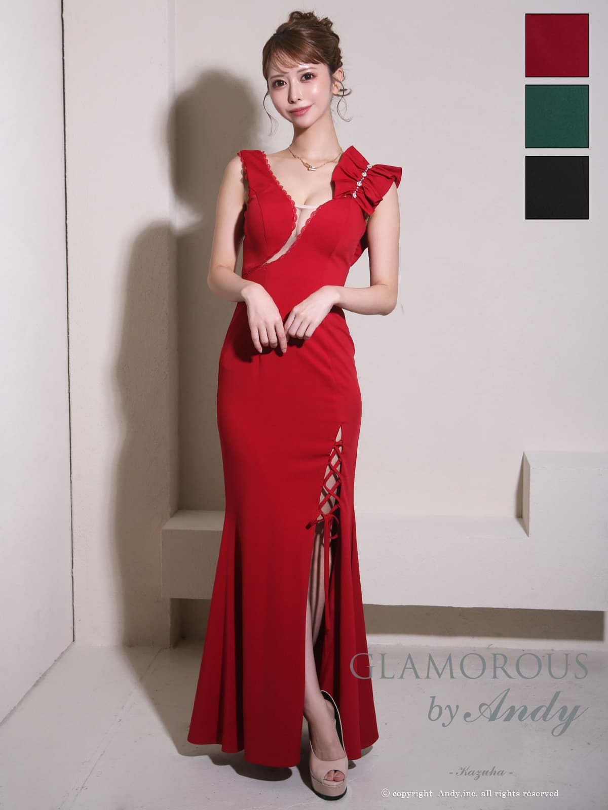 キャバドレス AndyGLAMOROUS アンディグラマラス　高級 ブランド タイトロングドレス 谷間 大人 スリット ノースリーブ 背中魅せ ショルダーフリル ビジュー サイドレースアップ ワンカラー