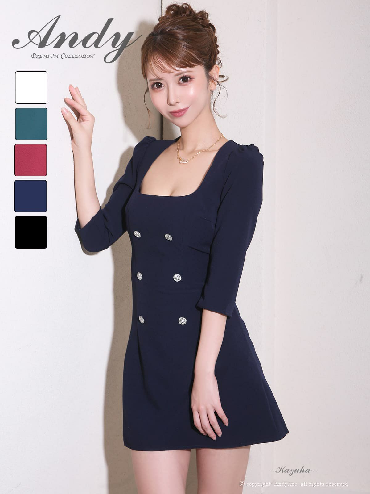 キャバドレス Andy アンディ　高級 ブランド ワンピース フレアミニドレス シンプル 七部袖 同伴 スクエアネック ワンカラー ボタン