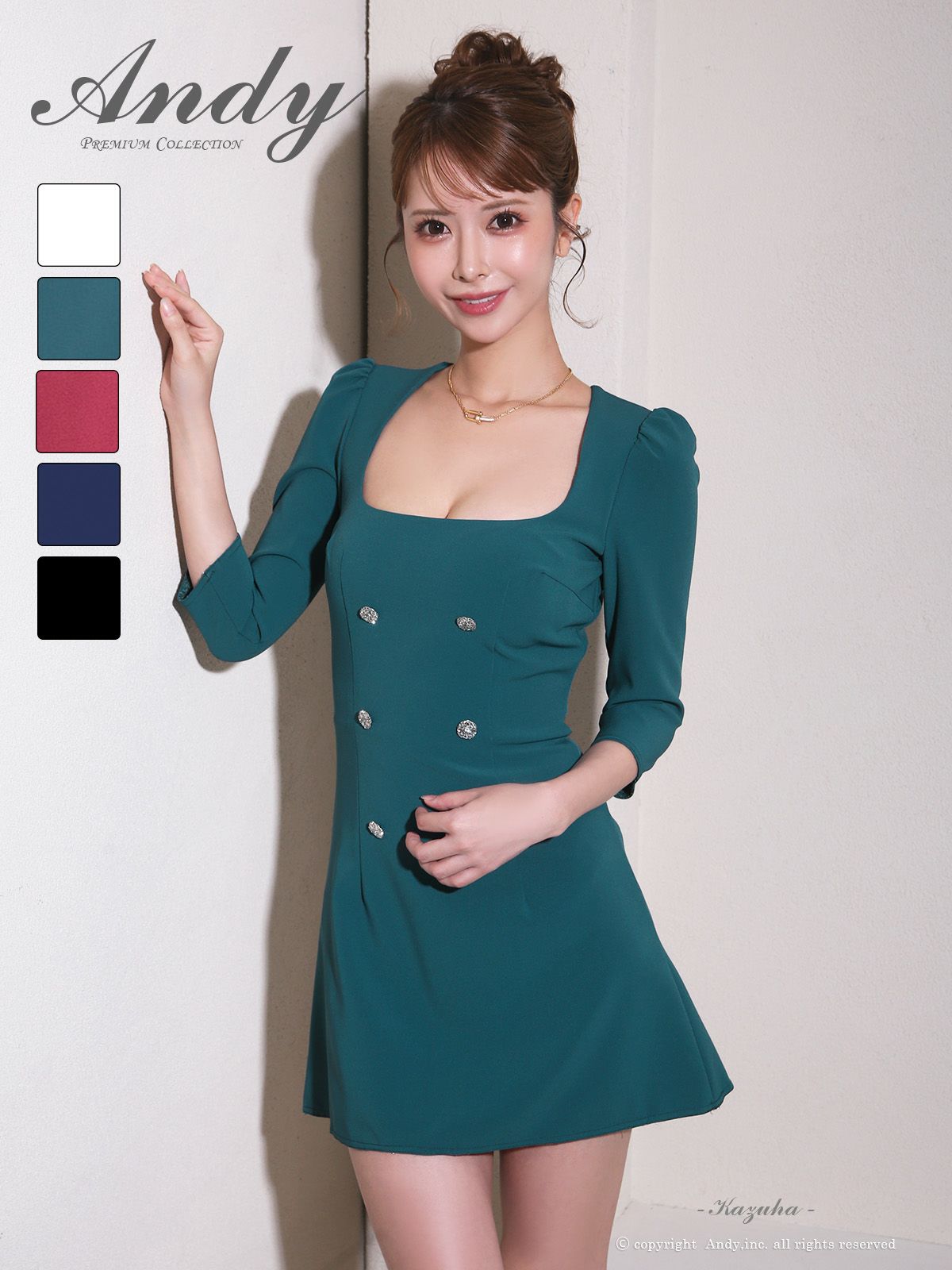 キャバドレス Andy アンディ　高級 ブランド ワンピース フレアミニドレス シンプル 七部袖 同伴 スクエアネック ワンカラー ボタン