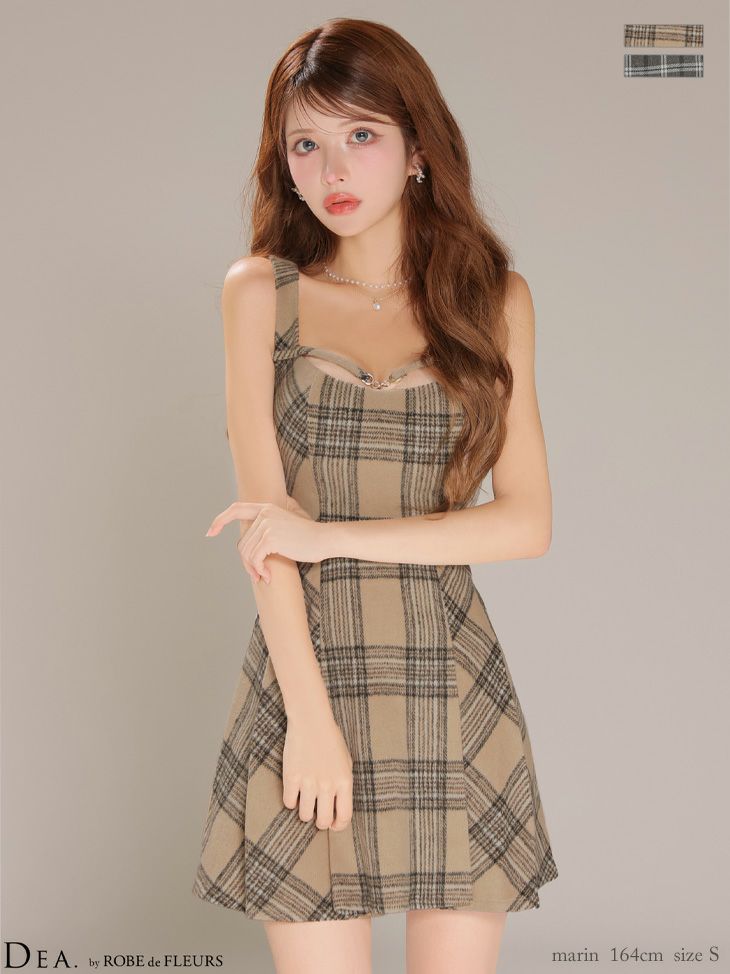 キャバドレス ミニドレス DEA.byROBEdeFLEURS ディアバイローブドフルール　高級 ブランド ワンピース フレアミニドレス 谷間 起毛チェック柄 キャミソール ピーチスキン