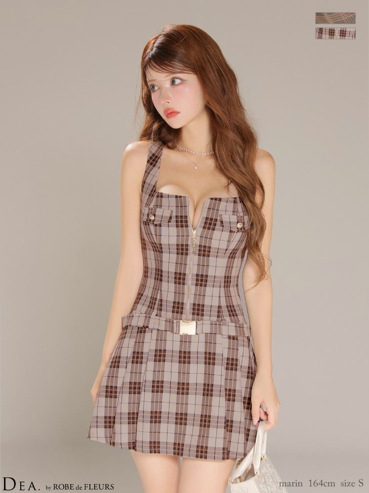 キャバドレス ミニドレス DEA.byROBEdeFLEURS ディアバイローブドフルール　高級 ブランド ワンピース フレアミニドレス 谷間 チェック柄 キャミソール ウエストベルト ジップ Vカット