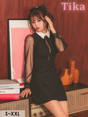 ワンピース Aライン ミニドレス 長袖 谷間 ジップ 大人 上品 ハイネック ツイード 襟付き シアースリーブ ブラジャーのまま 同伴 (黒嵜菜々子着用)