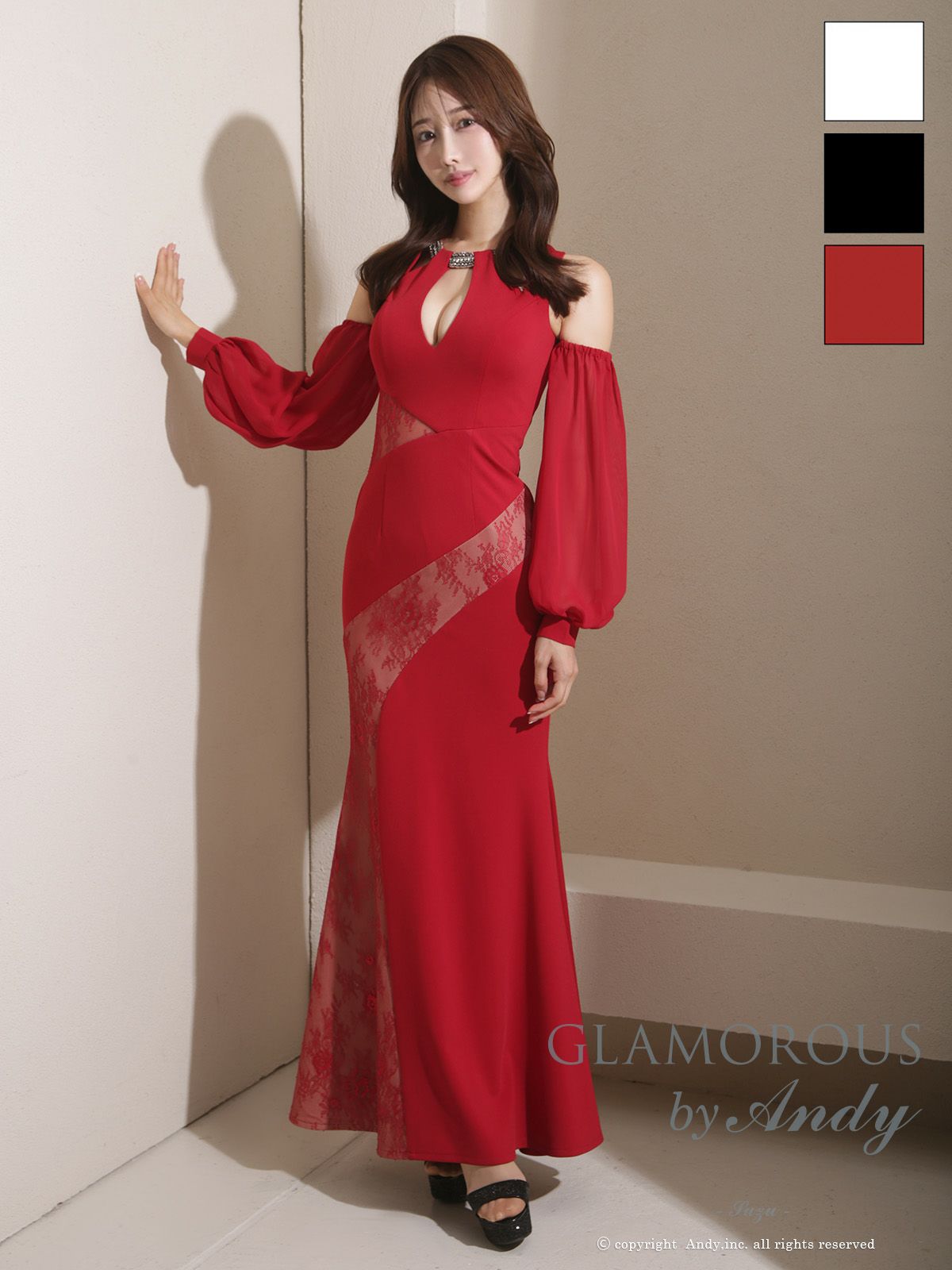 キャバドレス AndyGLAMOROUS アンディグラマラス　高級 ブランド タイトロングドレス 谷間 レース 大人 ノースリーブ 上品 肩出し 二の腕カバー くびれ透け 2way バストカット ビジュー