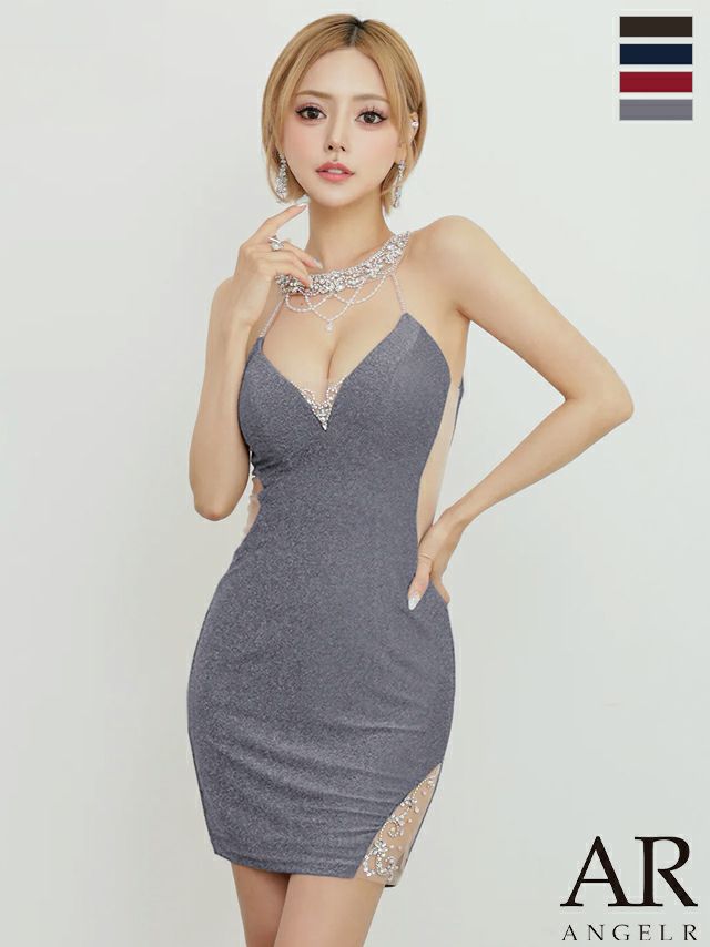 キャバドレス ミニドレス Angel-R エンジェルアール 高級 ブランド タイトミニドレス 谷間 大人 ホルターネック くびれ透け パールチェーン ラメ ビジュー