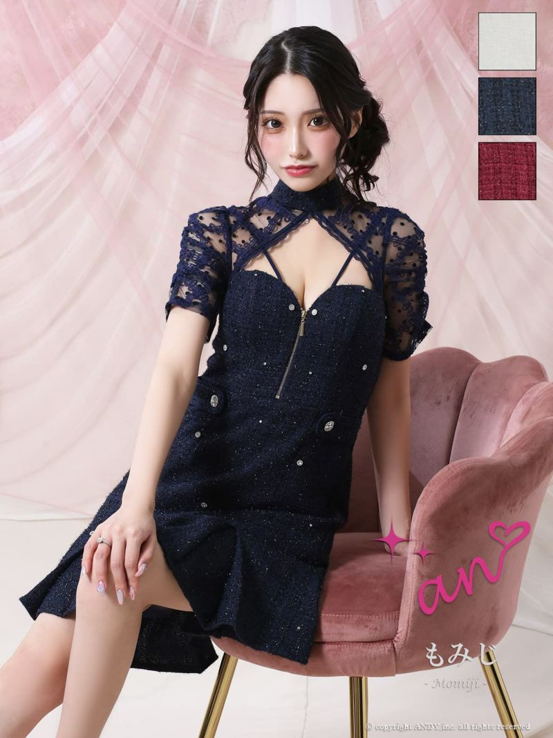 キャバドレス an アン　高級 ブランド Aラインミニドレス 谷間 ドット柄シアーレース ツイード 半袖 ジップ ラメ プリーツ バストカット ビジュー