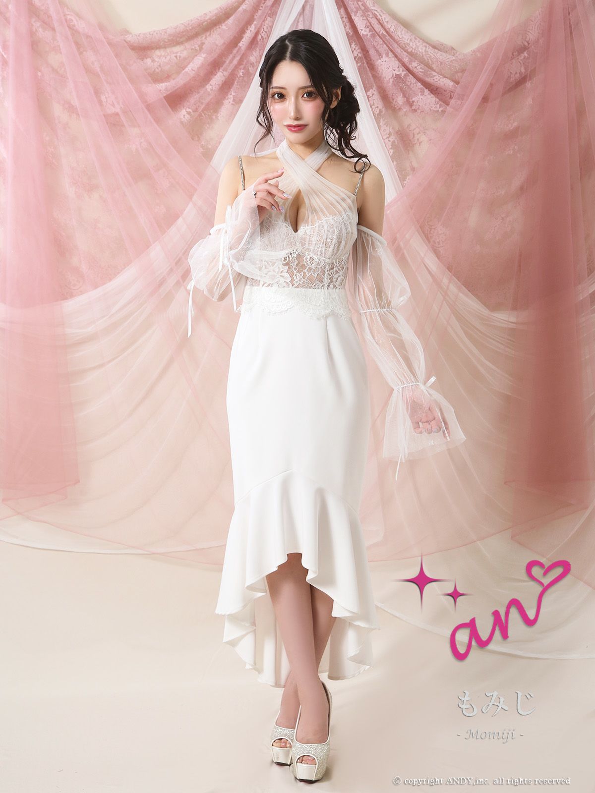 キャバドレス an アン　高級 ブランド タイトロングテール 谷間 レース ホルターネック 二の腕カバー ネックリボン チュール