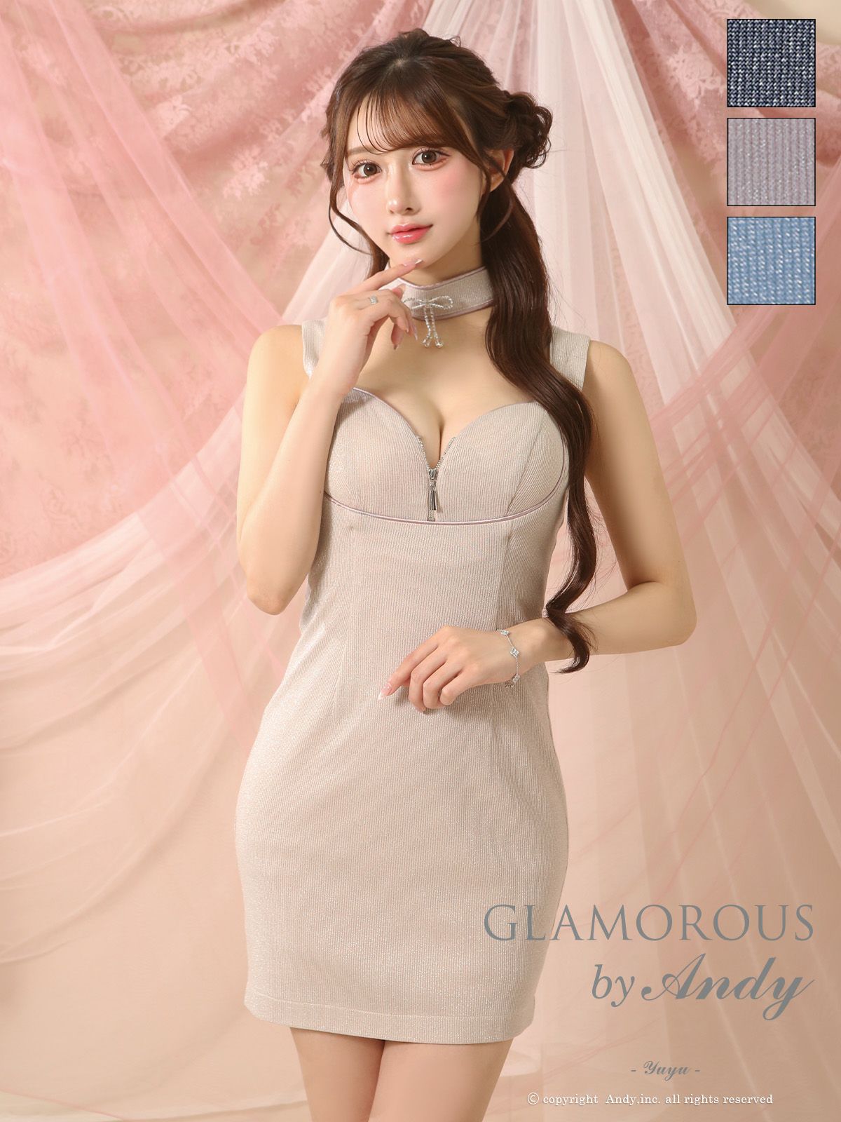 キャバドレス AndyGLAMOROUS アンディグラマラス　高級 ブランド タイトミニドレス 谷間 シンプル ノースリーブ ストレッチ ジップ 2way チョーカー ハートカット ラメ 