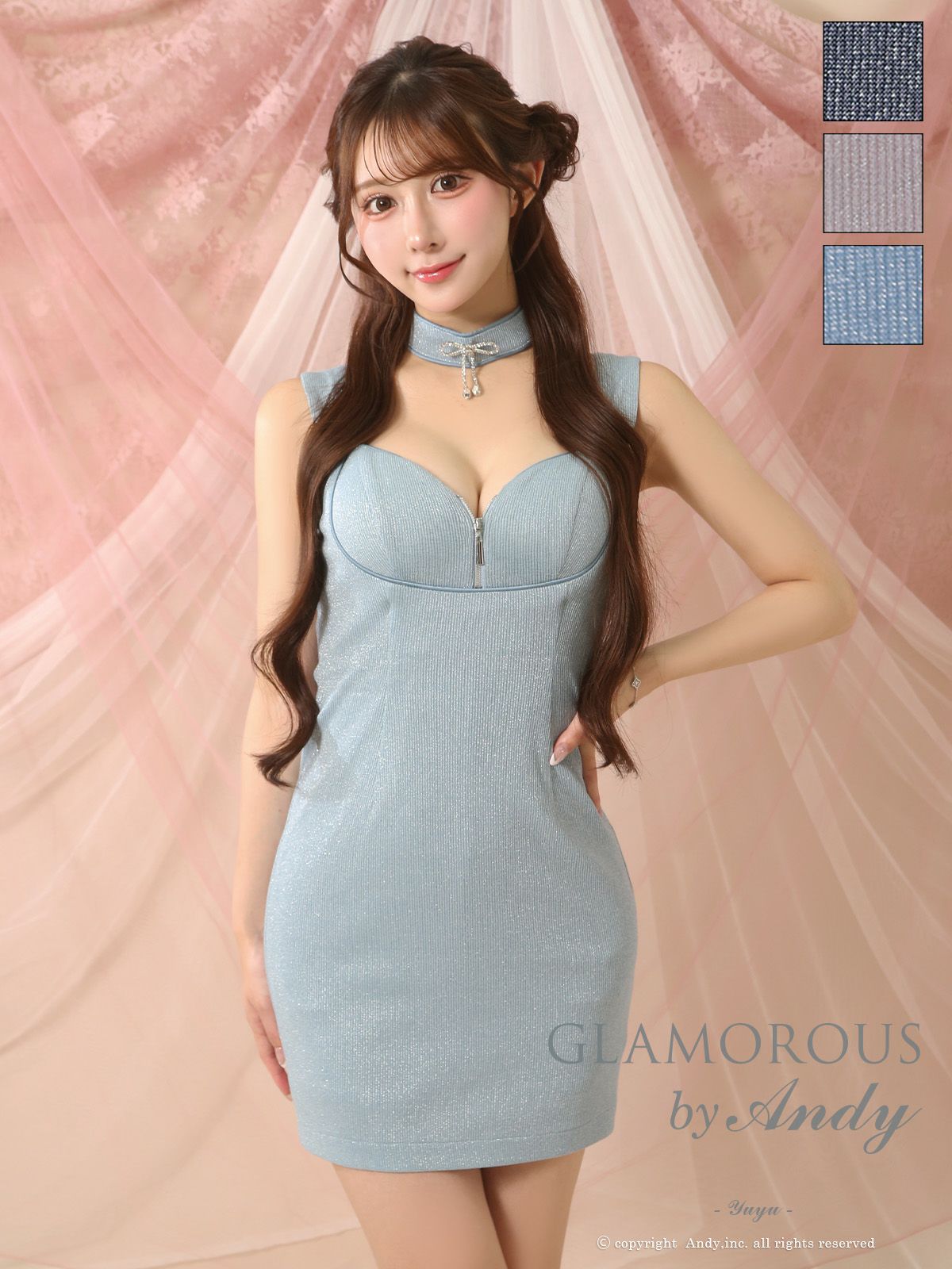 キャバドレス AndyGLAMOROUS アンディグラマラス　高級 ブランド タイトミニドレス 谷間 シンプル ノースリーブ ストレッチ ジップ 2way チョーカー ハートカット ラメ 