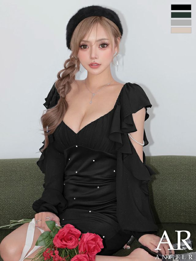 キャバドレス ミニドレス Angel-R エンジェルアール 高級 ブランド タイトミニドレス 長袖 谷間 ストレッチ ショルダーカット フリル ビジュー パールチェーン