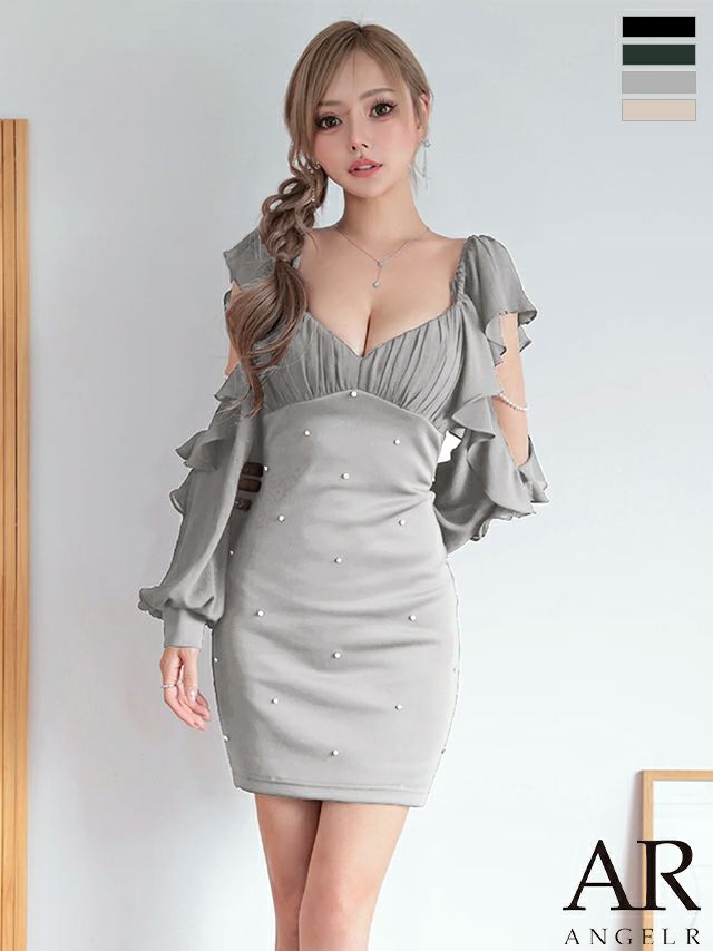 キャバドレス ミニドレス Angel-R エンジェルアール 高級 ブランド タイトミニドレス 長袖 谷間 ストレッチ ショルダーカット フリル ビジュー パールチェーン