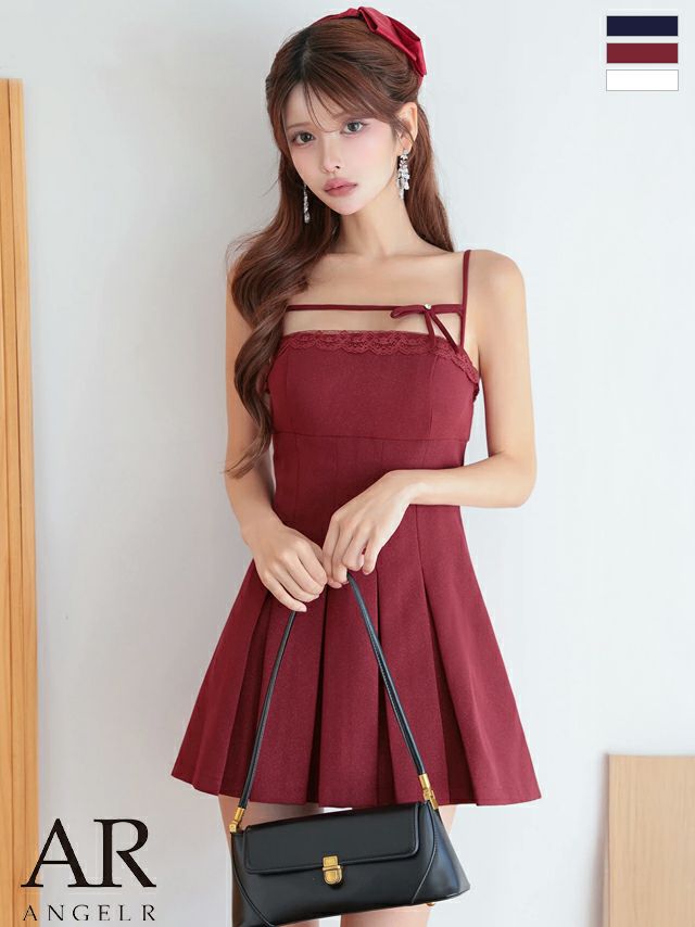 キャバドレス ミニドレス Angel-R エンジェルアール 高級 ブランド ワンピース Aラインミニドレス レース キャミソール プリーツ コード リボン