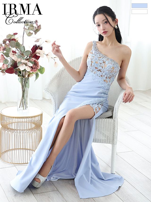 キャバドレス ロングドレス IRMA イルマ 高級 ブランド タイトロングドレス 大人 スリット 上品 背中魅せ ワンショルダー フラワー 刺繍デザイン